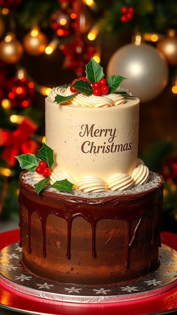 A two-tier Christmas cake with chocolate and vanilla layers, decorated with holly and berries, on a festive table.